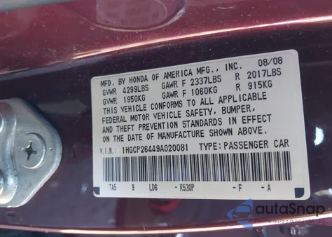 2009 Honda Accord 2.4 Lx-P из США, поврежденный, VIN 1HGCP26449A020081